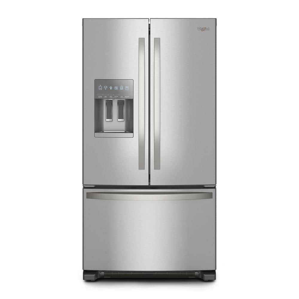Whirlpool Smart French door refrigerator, stainless steel, with built-in ice & water dispenser and bottom freezer drawer.