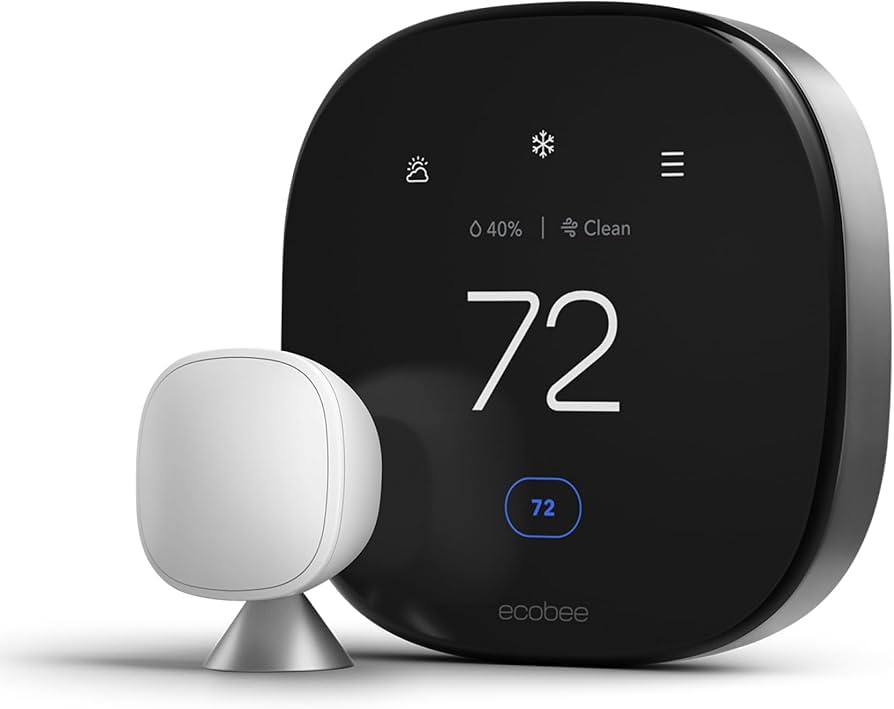 Ecobee Smart Thermostat Premium displaying 72 degrees, with a white Ecobee SmartSensor.