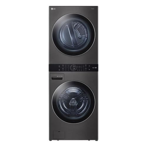 Dark steel LG WashTower, a stacked washer and dryer combo with an intuitive center control panel.