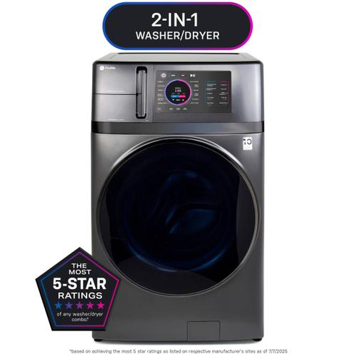 Dark gray GE Profile UltraFast all-in-one washer dryer combo with modern digital display and a badge for most 5-star ratings.