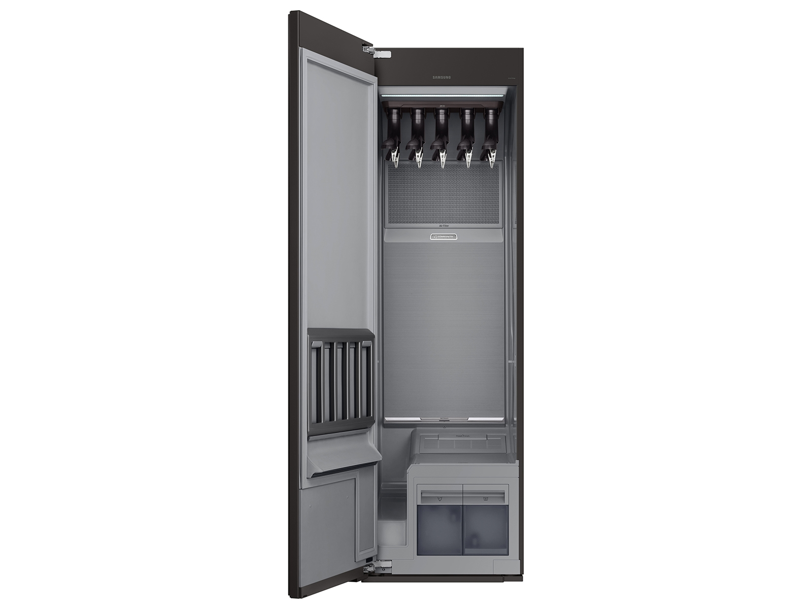 Open Samsung AirDresser interior with hangers, textured panel, and water tanks for steam garment care.