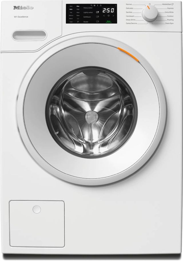 White Miele W1 Excellence smart front-load washing machine with digital display, control panel, and chrome drum.