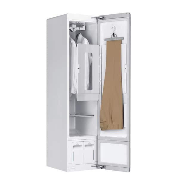 Open LG Styler Smart Wardrobe showing white shirts, beige trousers inside for steaming and refreshing.