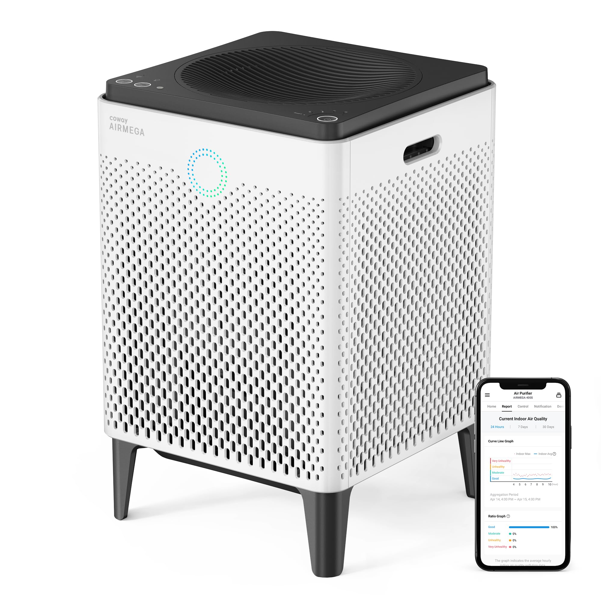 White Coway Airmega 400S smart air purifier with black top and LED light, alongside a smartphone displaying its air quality app.