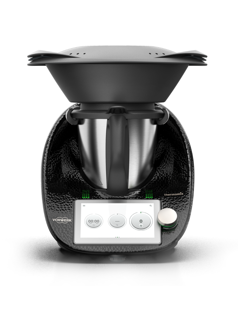 Black Vorwerk Thermomix TM6 smart food processor, front view, showing touchscreen display and mixing bowl with lid.