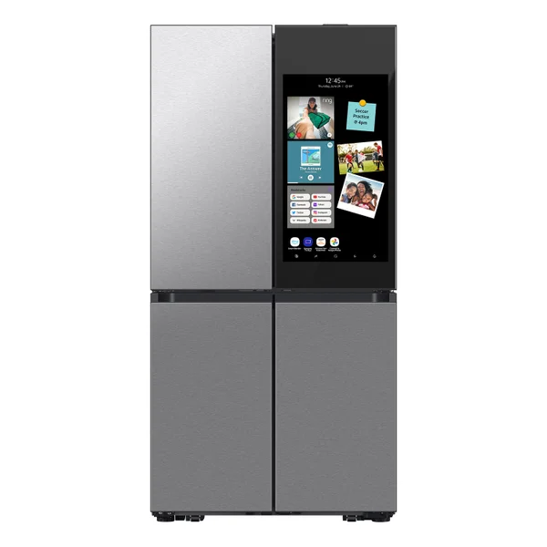 Front view of a modern grey Samsung Bespoke AI Family Hub+ 4-door smart refrigerator with a large digital screen.