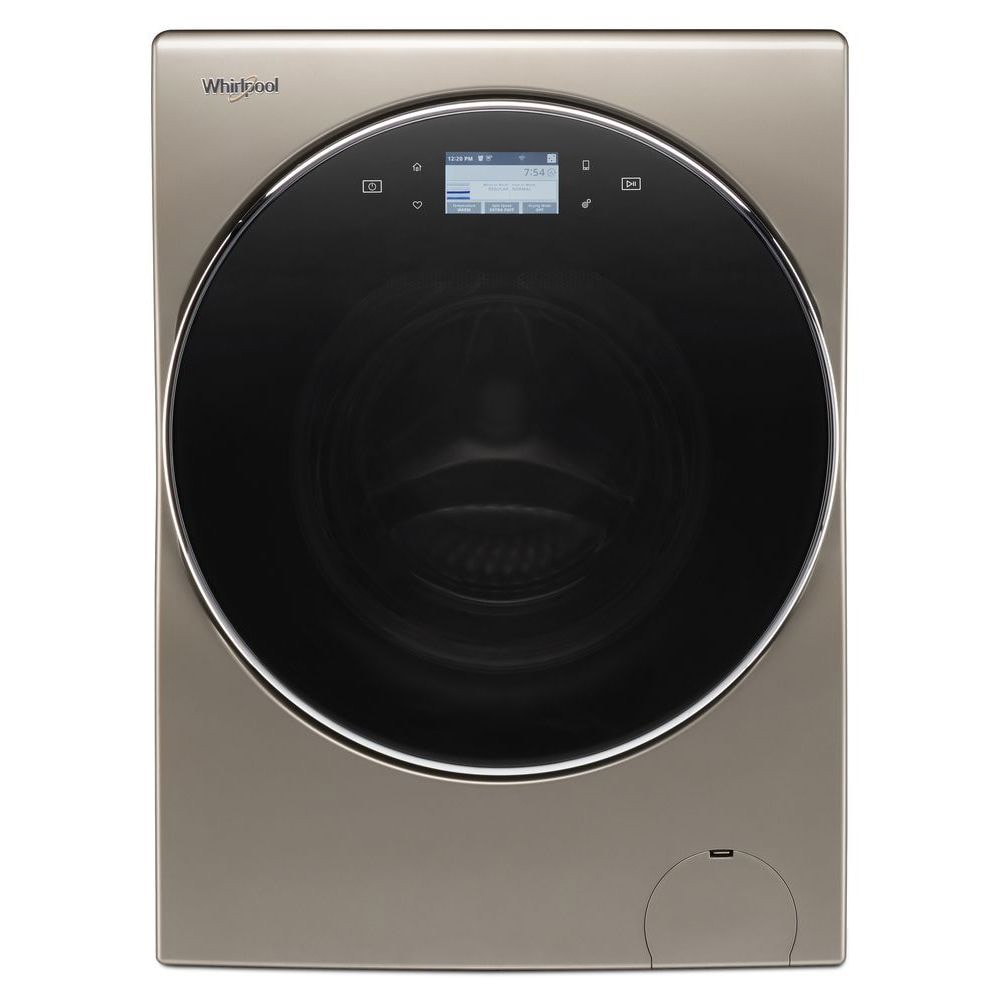 Front view of a modern Whirlpool Smart All-In-One Washer & Dryer, champagne finish, with large black drum and digital screen.