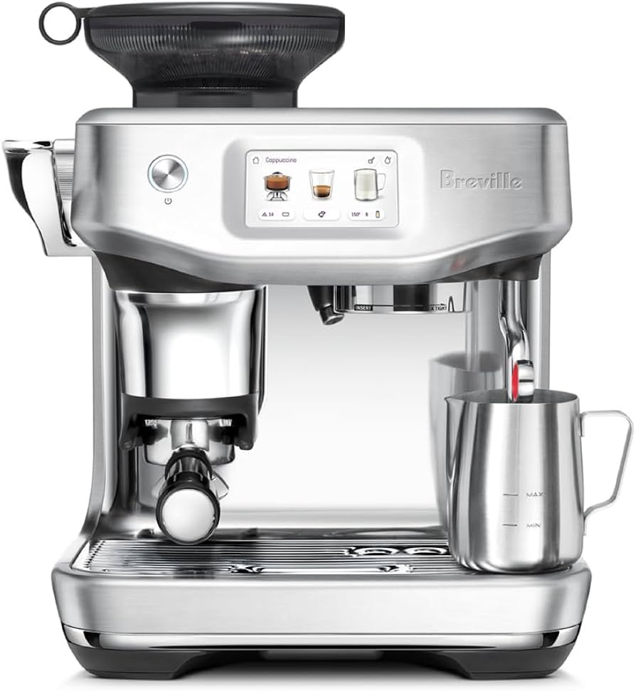 Breville Barista Touch Impress automatic espresso machine with integrated grinder, touchscreen, steam wand, and milk pitcher.
