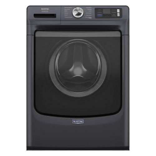 Dark grey Maytag smart front load washer with a large central door and top digital control panel, front view.