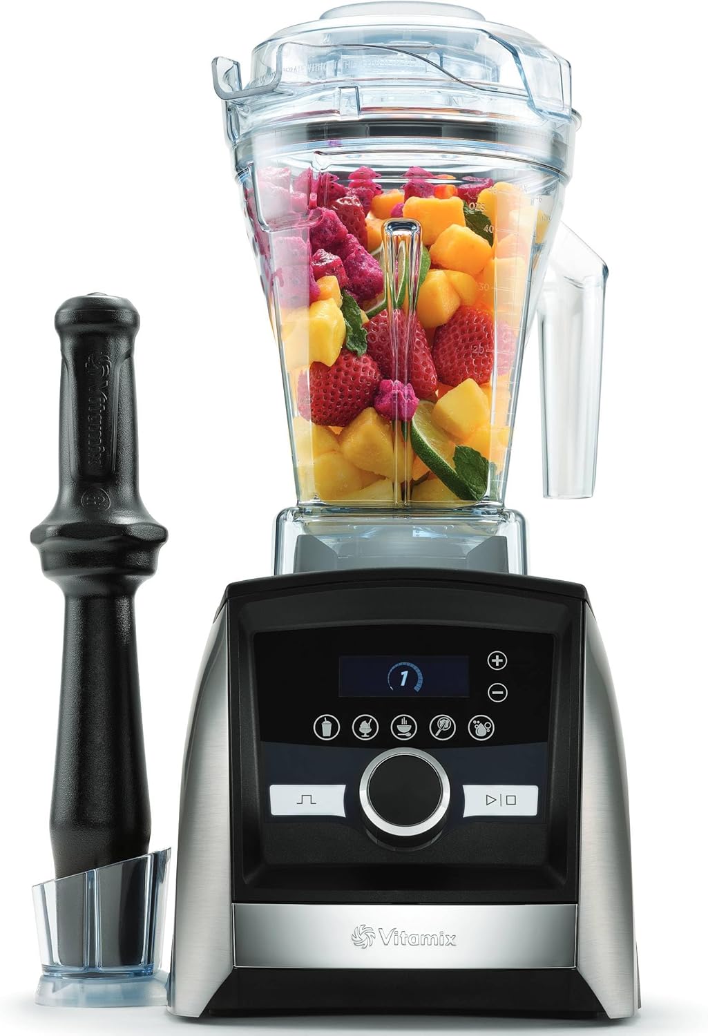 Vitamix A3500 Ascent Series smart blender filled with vibrant fruits and a tamper.