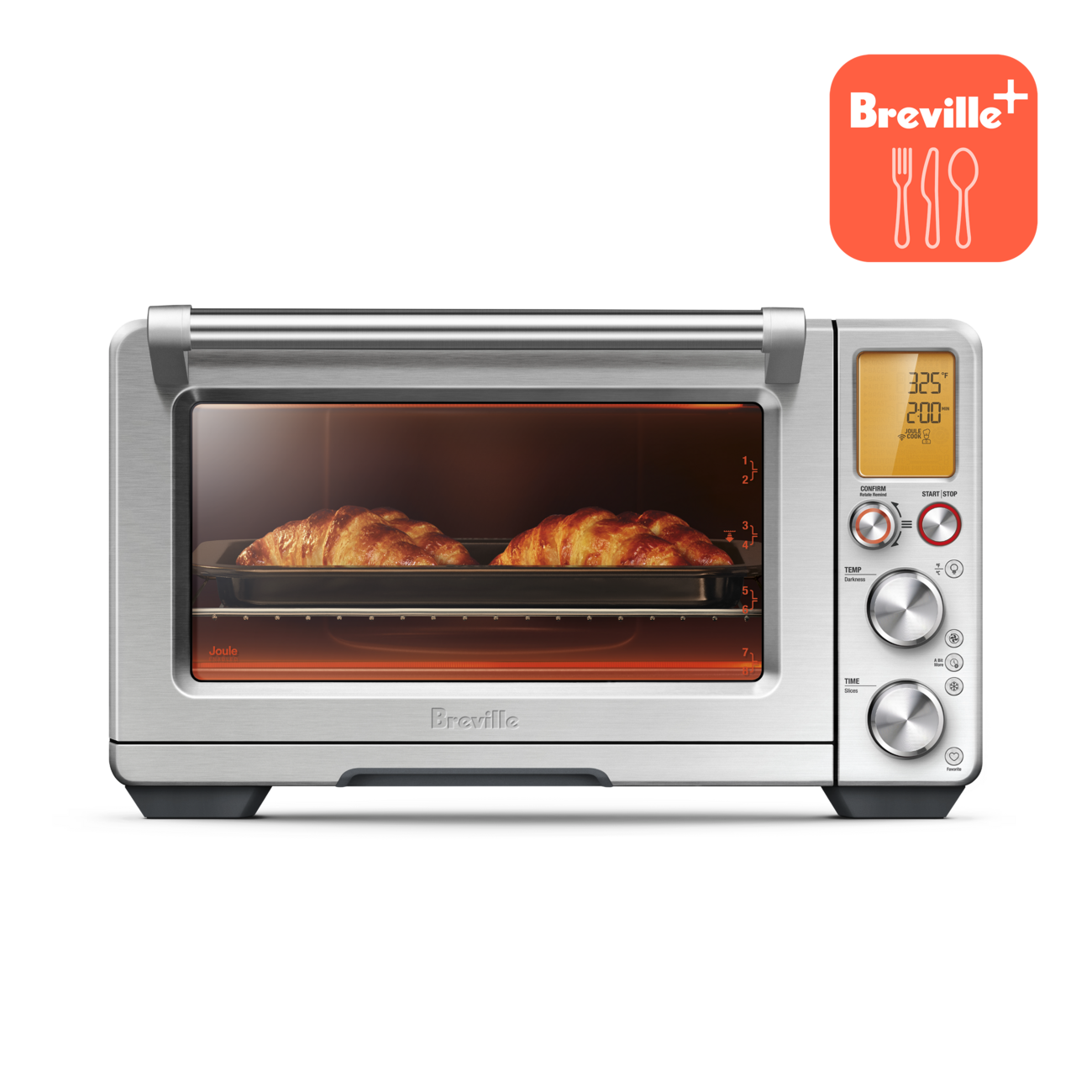 Breville Joule Oven Air Fryer Pro baking golden croissants inside. Digital display shows 325°F and 2:00.
