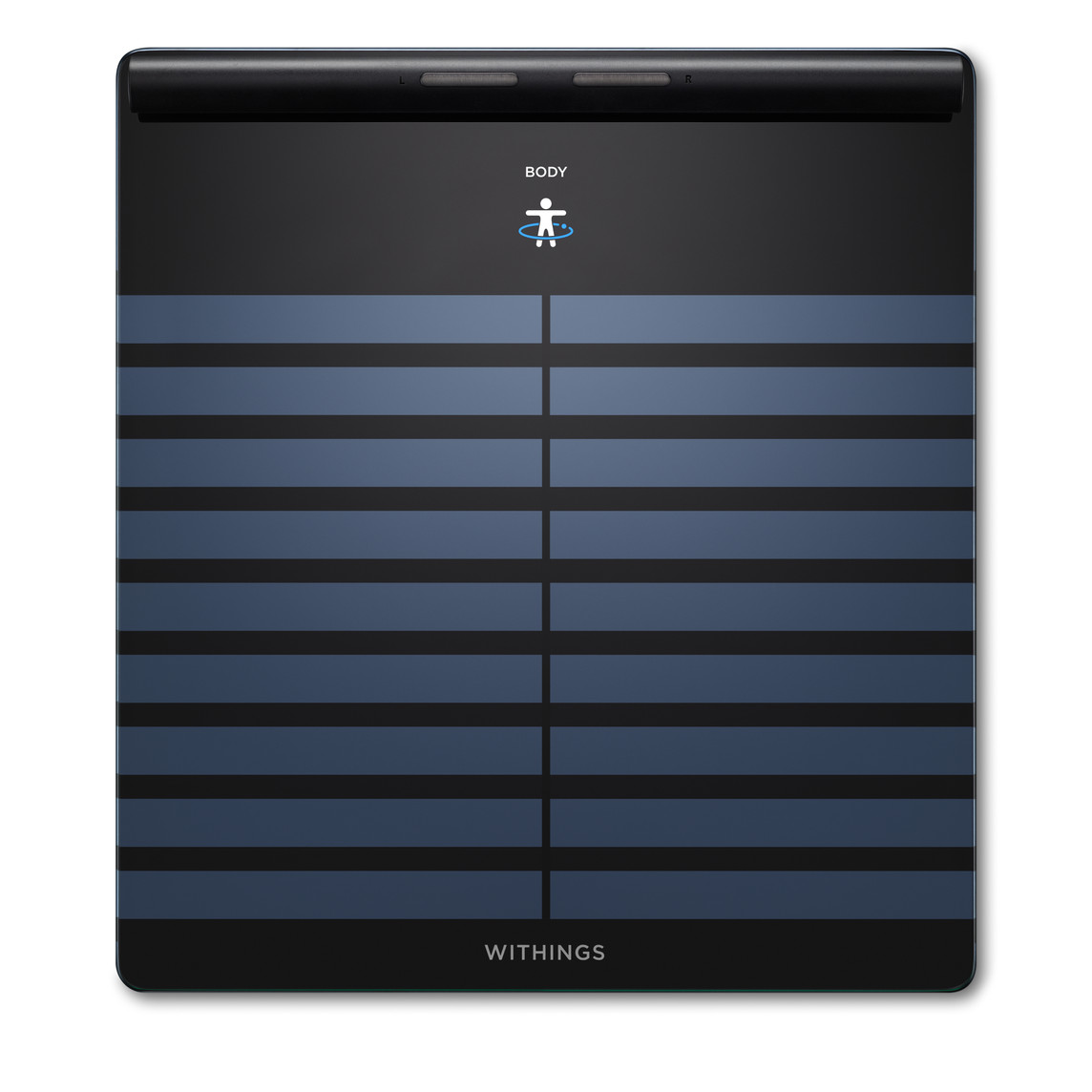 Withings Body Scan smart scale in black and blue with body analysis icon, ideal for comprehensive health tracking.