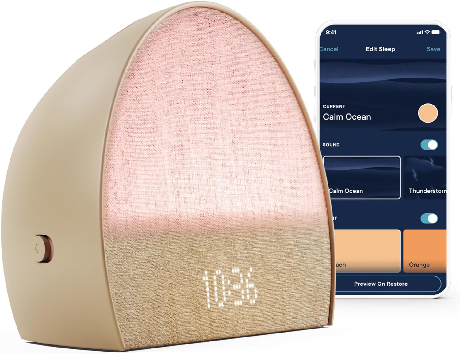 Beige Hatch Restore 2 smart sleep assistant with glowing pink light, digital clock (10:36), and mobile app showing 'Calm Ocean' sound and light settings.