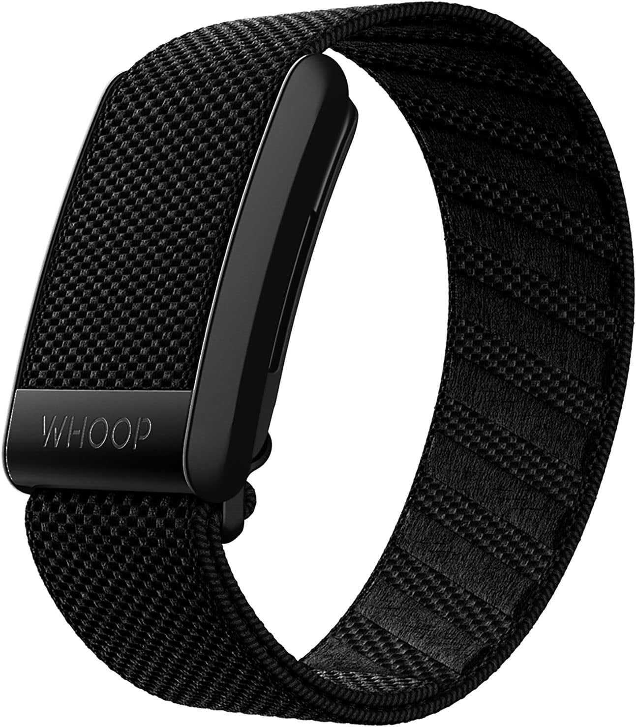 Close-up of a black Whoop 4.0 fitness tracker with a textured woven wrist strap and the Whoop logo visible.