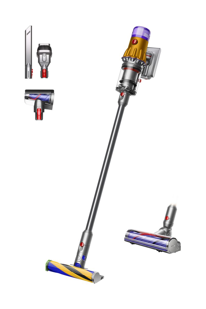 Dyson V12 Detect Slim vacuum with Laser Detect fluffy head and cleaning tools.