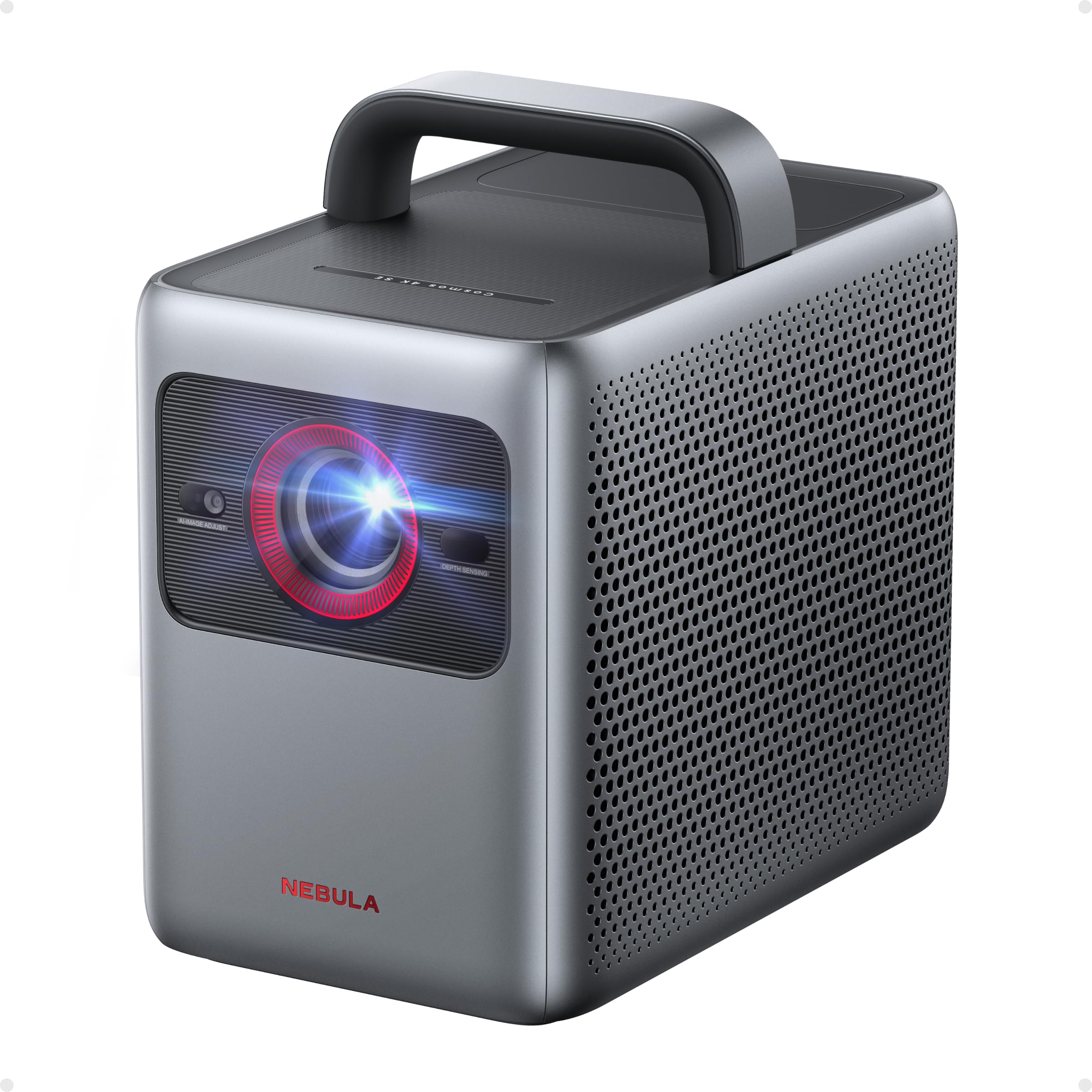 Grey Nebula Cosmos Laser 4K projector with a glowing lens, red ring, AI-IMAGE ADJUST, black handle, and perforated sides.