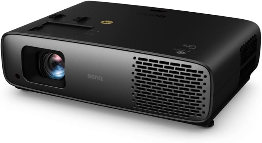 A black BenQ HT4550i 4K UHD LED home theater projector with its lens and ventilation grilles, viewed from an angle.