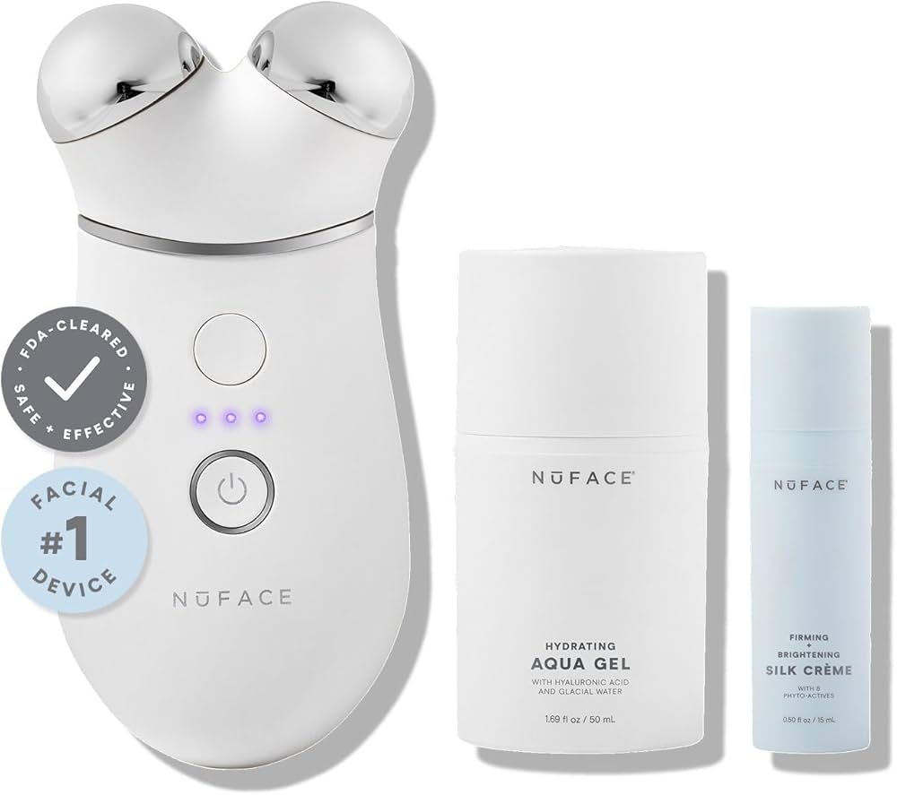 NuFace Trinity+ microcurrent facial toning device kit with Hydrating Aqua Gel and Firming + Brightening Silk Crème.