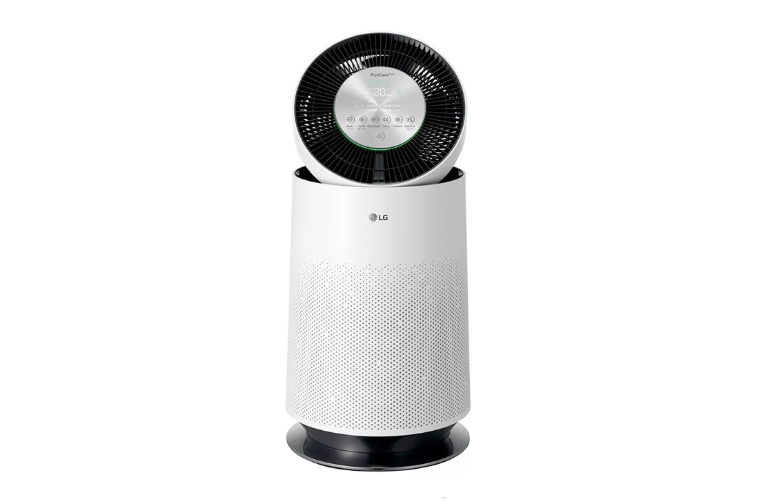 White LG PuriCare 360° air purifier, distinctive cylindrical design with top fan and digital display.
