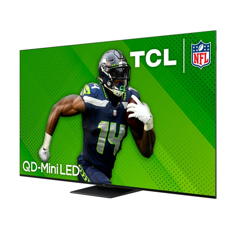 TCL QM7 QD-Mini LED TV displaying NFL football player DK Metcalf (#14) running. Features TCL, NFL, and QD-Mini LED logos.