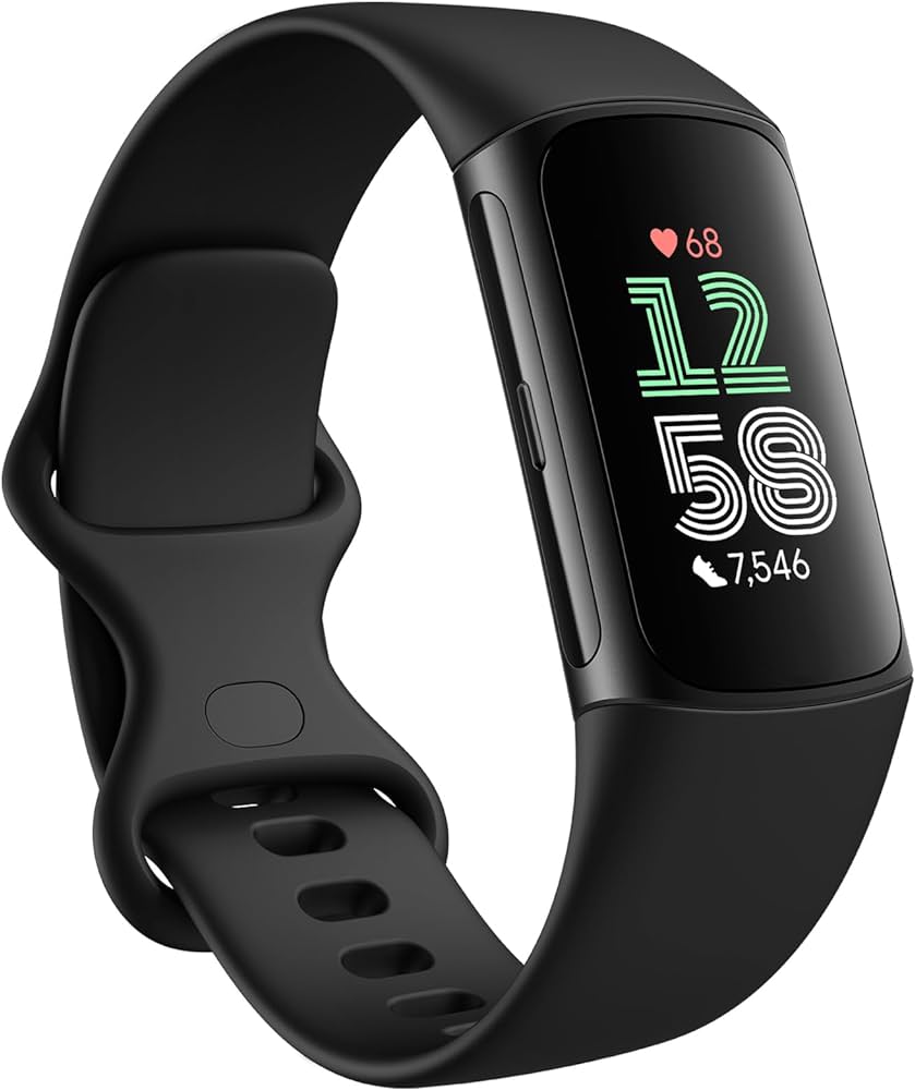 Black Fitbit Charge 6 activity tracker showing time 12:58, heart rate 68, and 7,546 steps.
