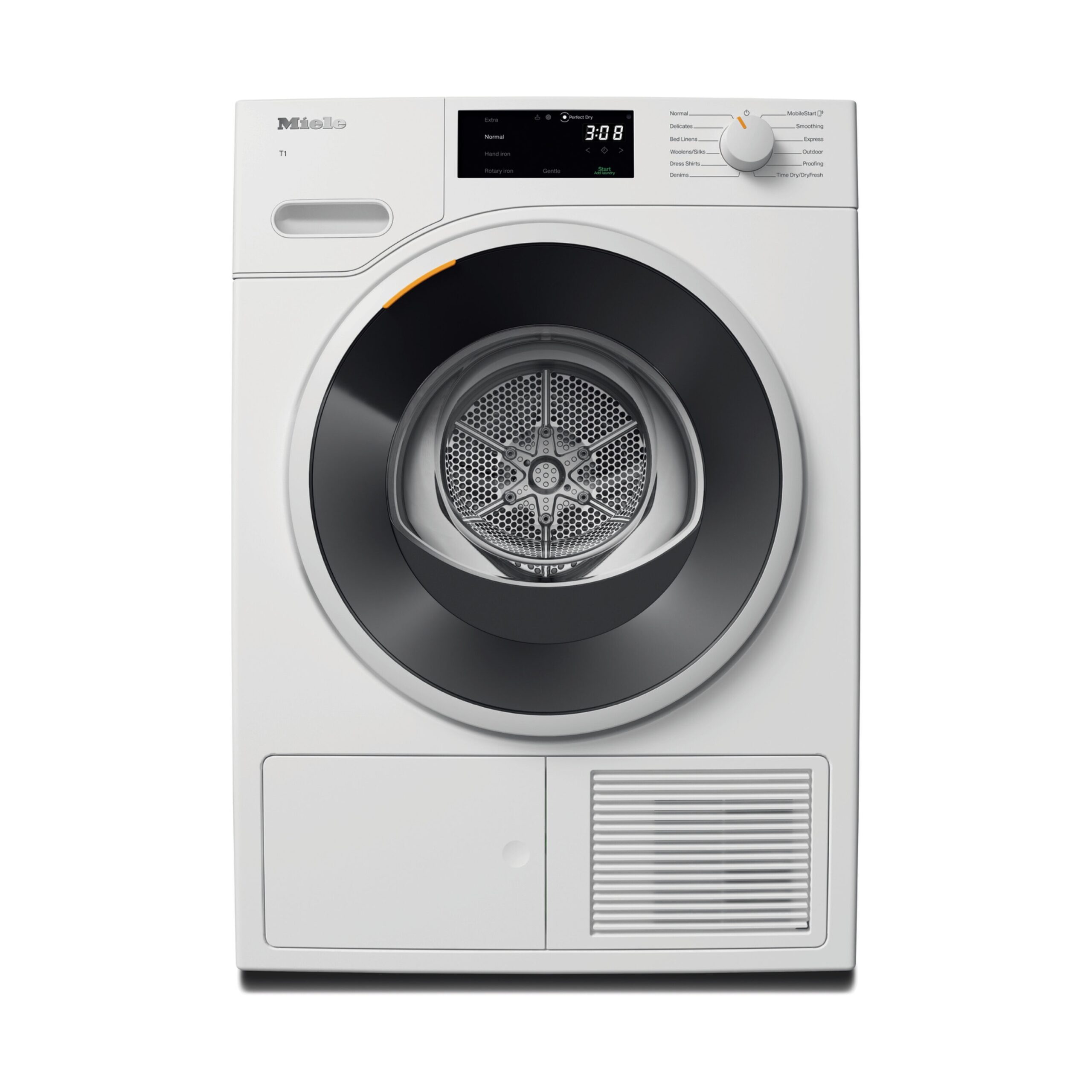 White Miele T1 heat pump dryer with black drum, digital display (3:08), and control panel featuring drying programs.