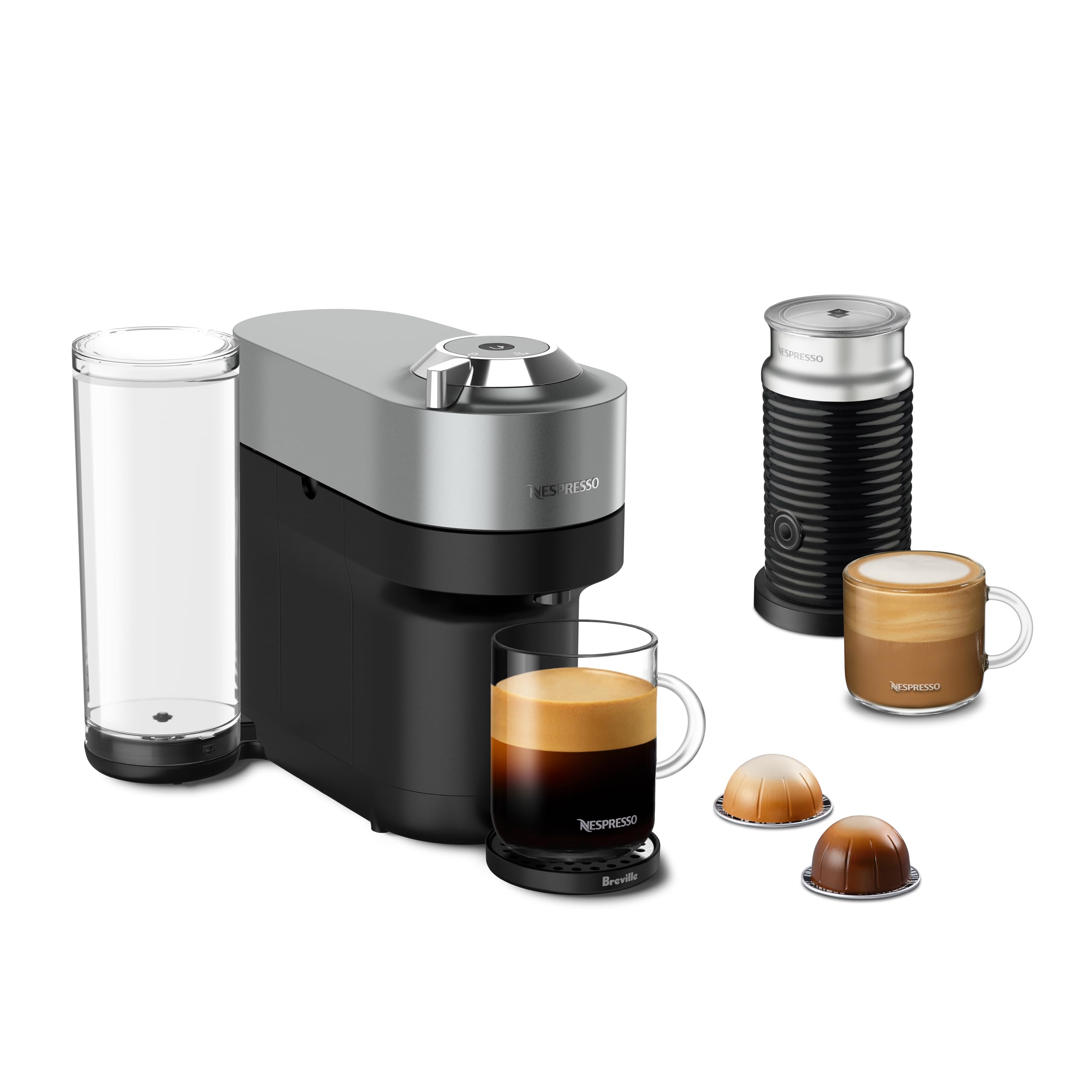 Nespresso Vertuo Pop+ coffee machine (silver/black) with Aeroccino milk frother, espresso, latte, and pods.