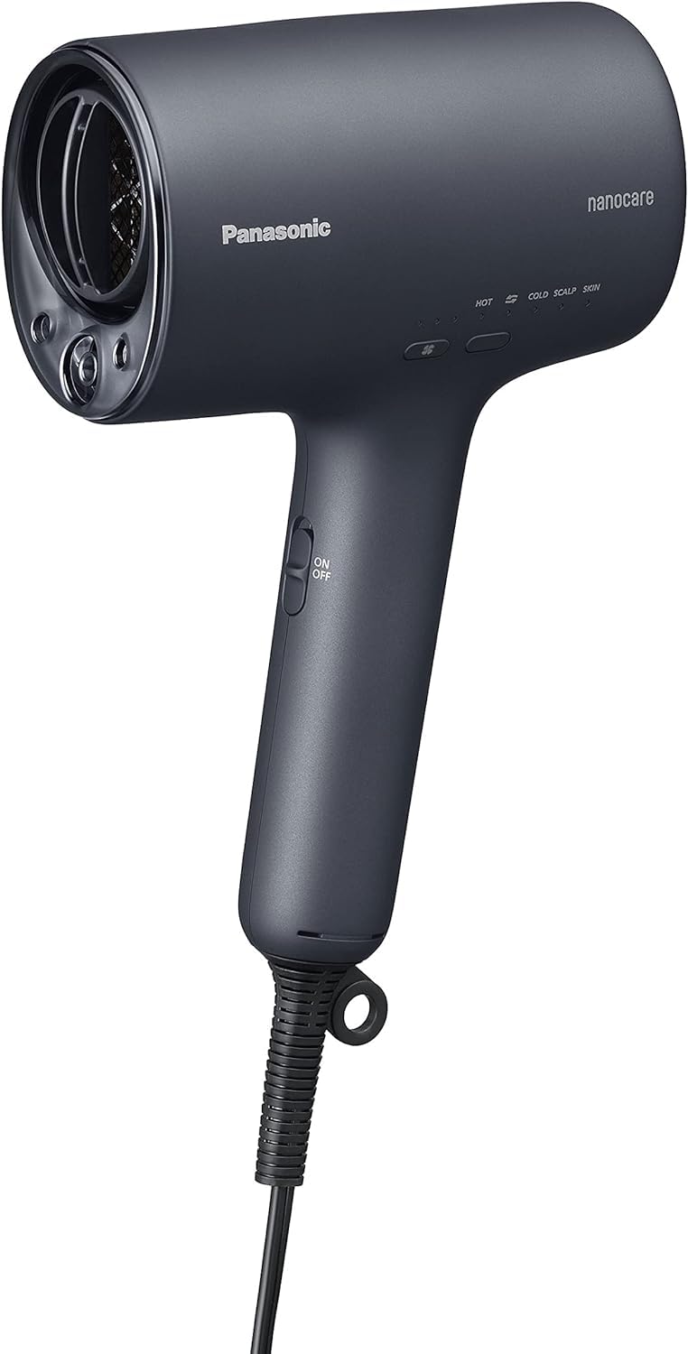 A sleek dark grey Panasonic Nanoe hair dryer, featuring multiple mode controls like HOT, COLD, SCALP, and SKIN.