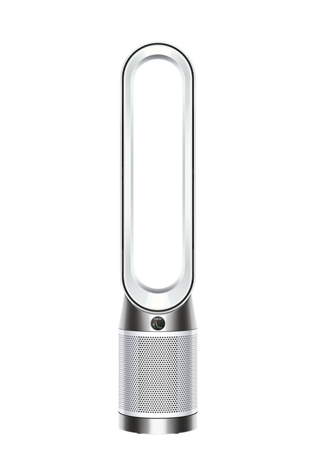 White and silver Dyson Purifier Cool Gen1 bladeless fan and air purifier with auto mode display.