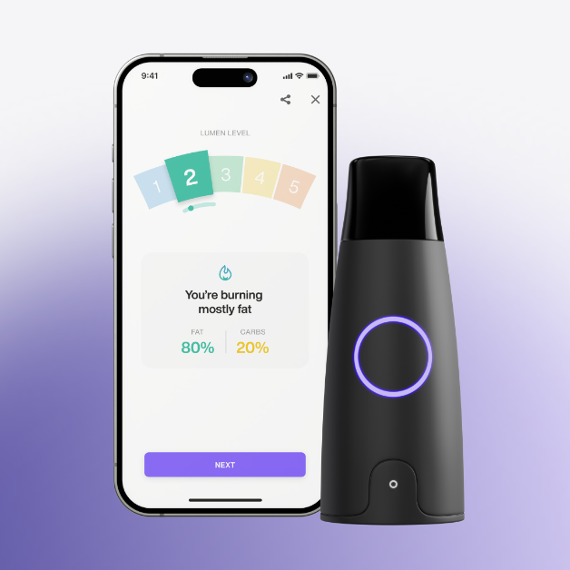 Lumen metabolism tracker device and app displaying real-time metabolic insights: 80% fat, 20% carbs.