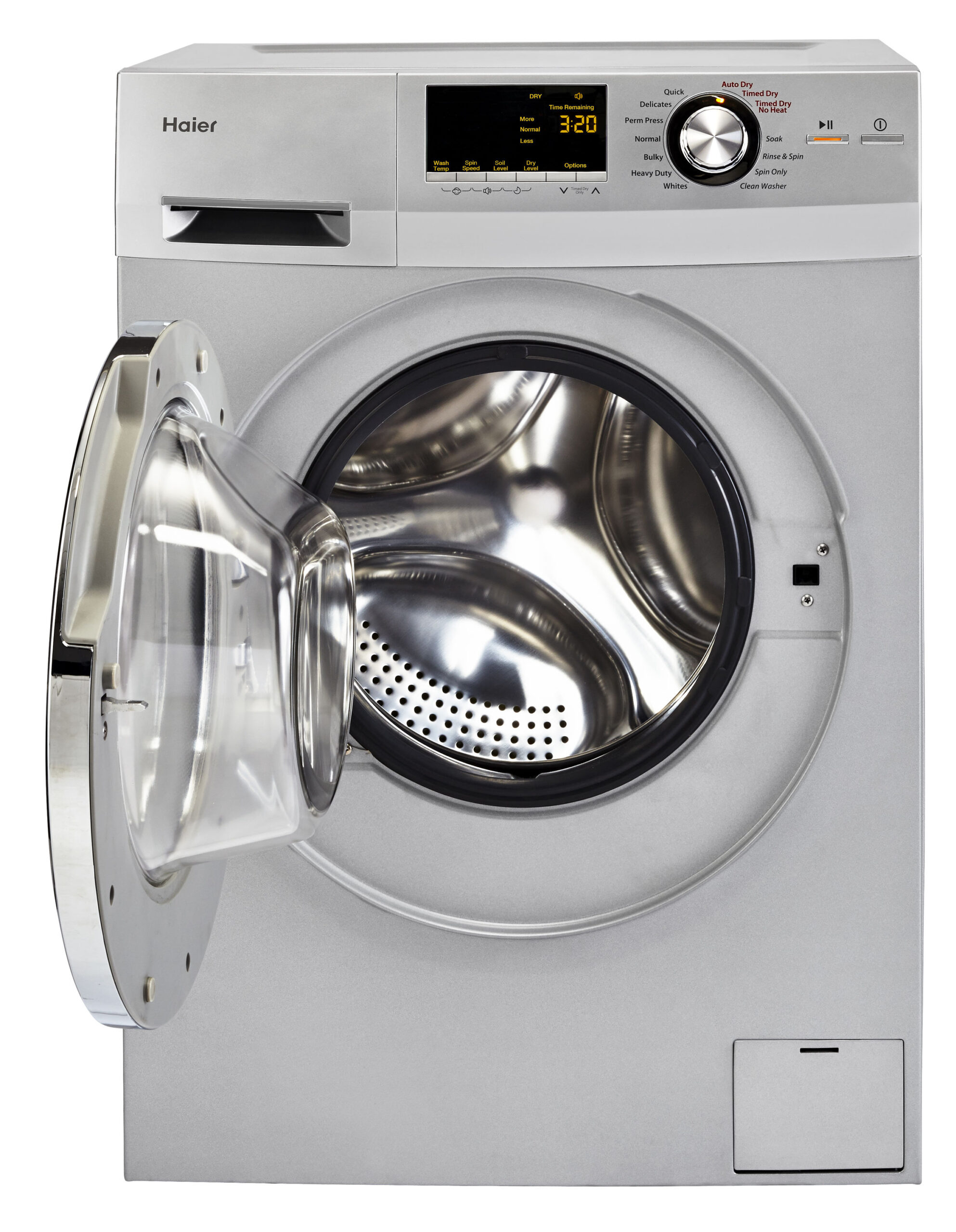 Silver Haier smart combo front-load washer-dryer with an open door, revealing the stainless steel drum and control panel.