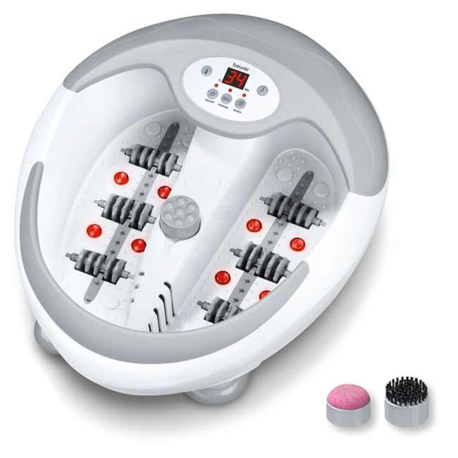 Beurer FB 50 foot spa in white and grey, showing massage rollers, red infrared lights, digital display, and pedicure attachments.