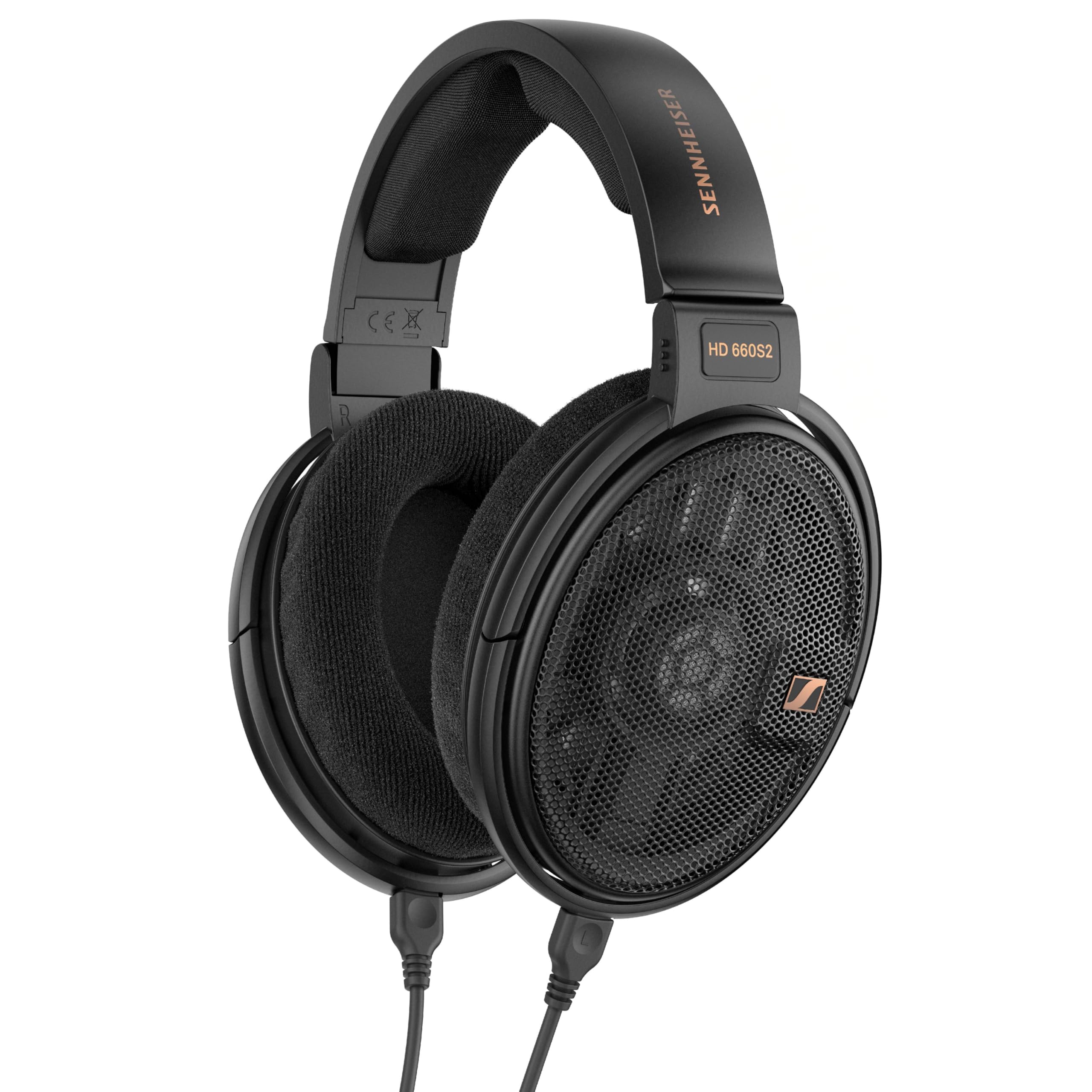 Black Sennheiser HD 660S2 open-back audiophile headphones, angled view, showing mesh earcups and branding.