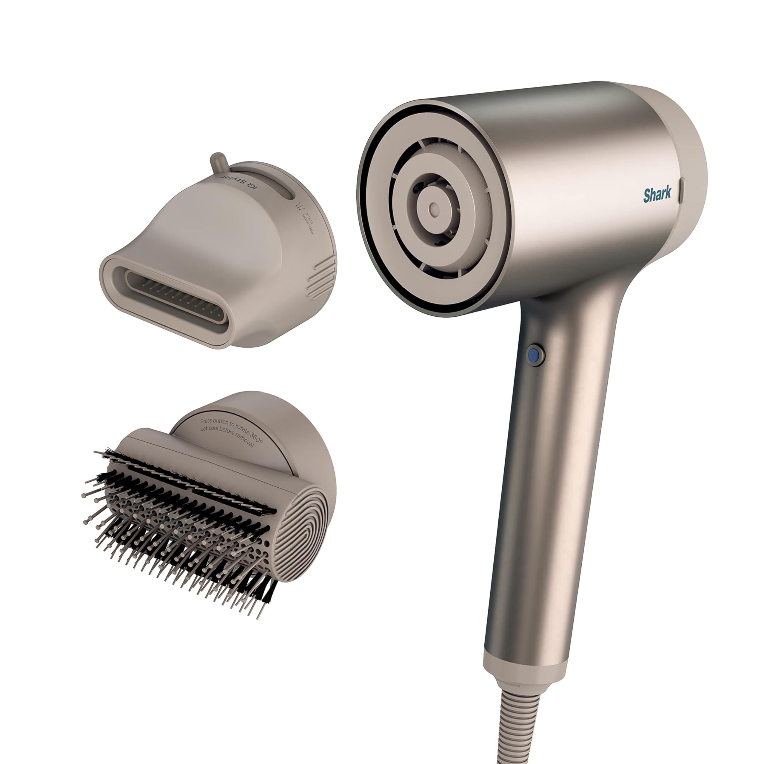 Champagne/silver Shark HyperAIR hair dryer with precision styling concentrator and detachable round brush.