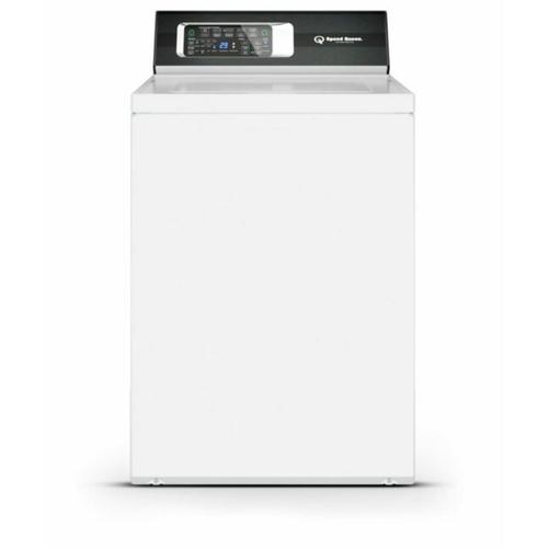 Front view of a white Speed Queen TR7 ultra-quiet top-load washing machine with a black control panel.