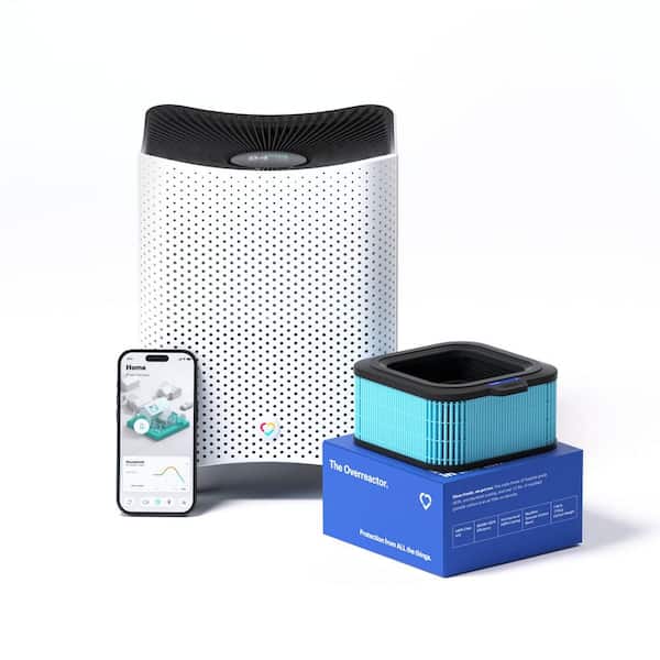 Mila smart air purifier, mobile app showing controls, and a blue replacement filter on its box.