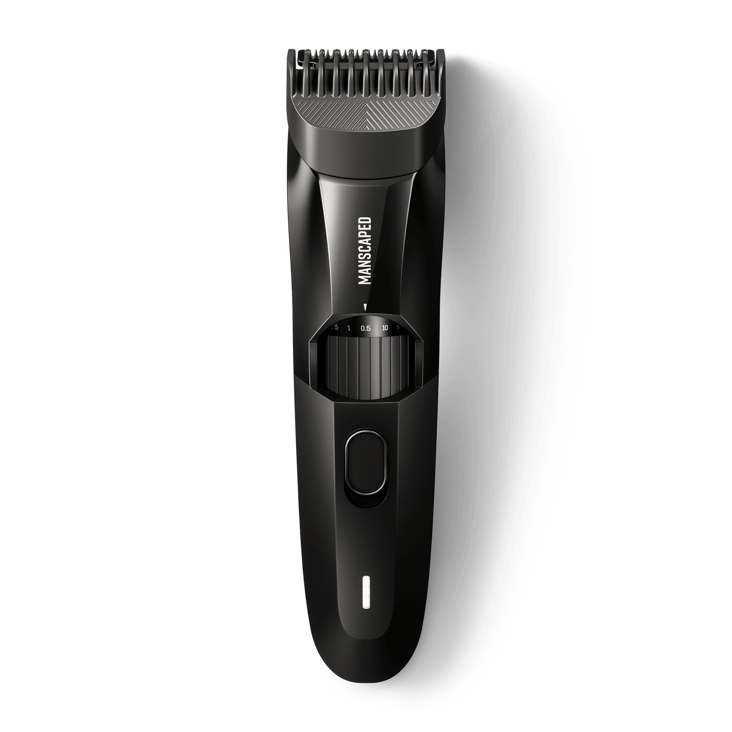 Sleek black Manscaped The Beard Hedger trimmer on a green background, showing adjustable length dial and power button.