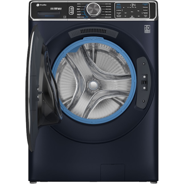 Dark blue GE Profile smart front-load washer with open door, showing UltraFresh Vent system gasket & controls.