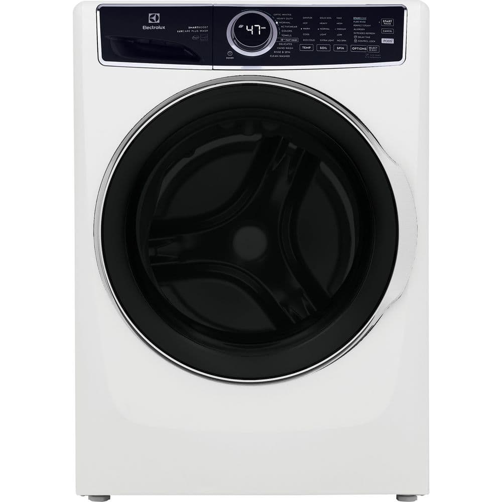 White Electrolux LuxCare Plus SmartBoost front load washing machine with digital display and black drum.