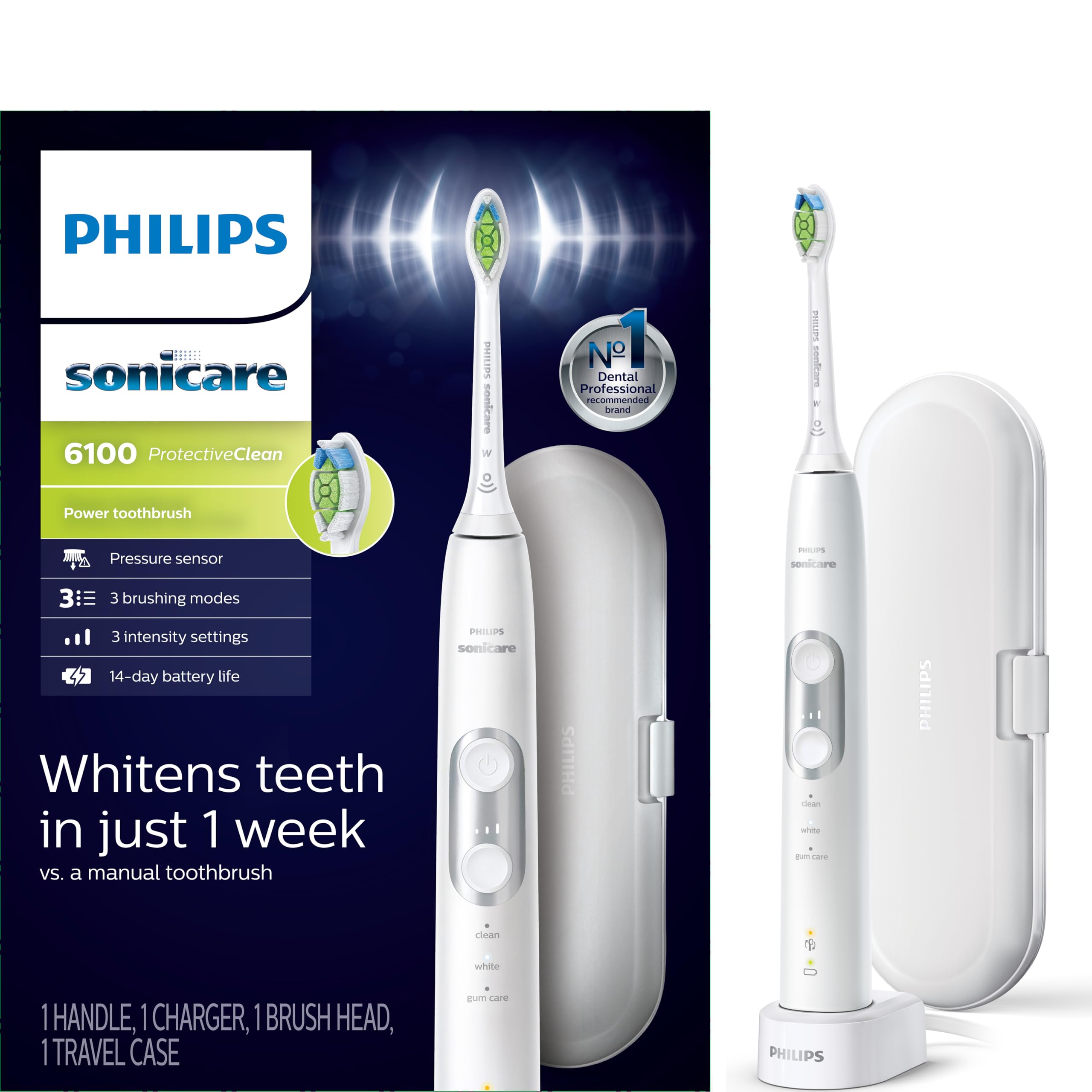 Philips Sonicare ProtectiveClean 6100 electric toothbrush set with handle, brush head, charger, travel case. Whitens in 1 week.