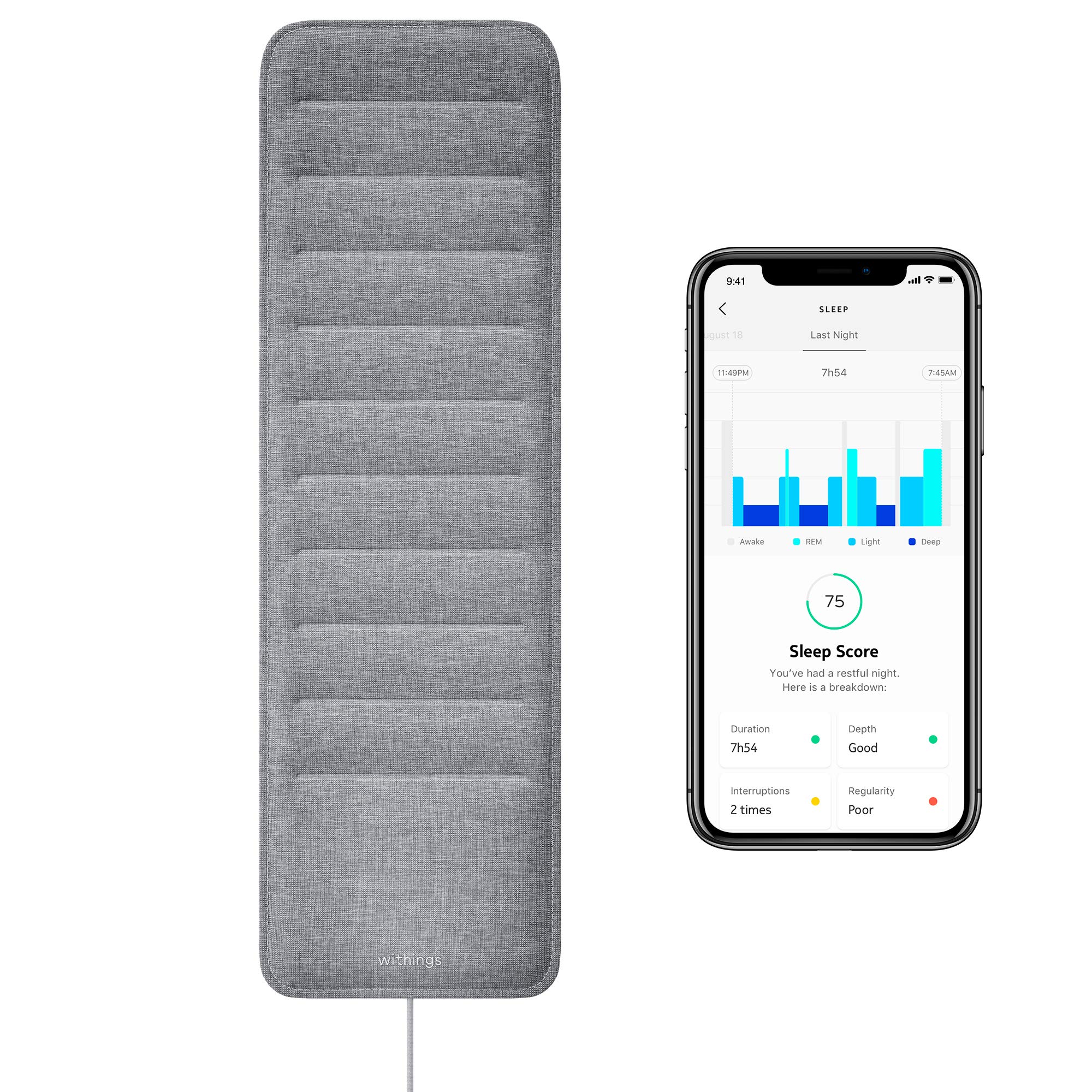 Withings Sleep Analyzer mat and mobile app showing a sleep score, sleep stages (REM, light, deep), duration, and interruptions.