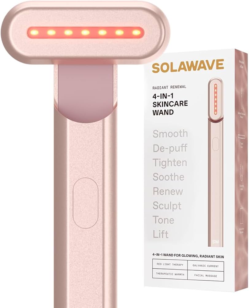 Rose gold Solawave 4-in-1 Skincare Wand with red light therapy and its product box, promoting radiant skin.