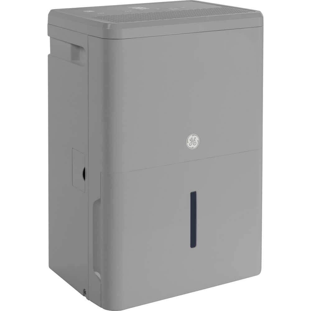 Modern gray GE 50 Pint Smart Dehumidifier with GE logo and water level indicator, designed for efficient home use.