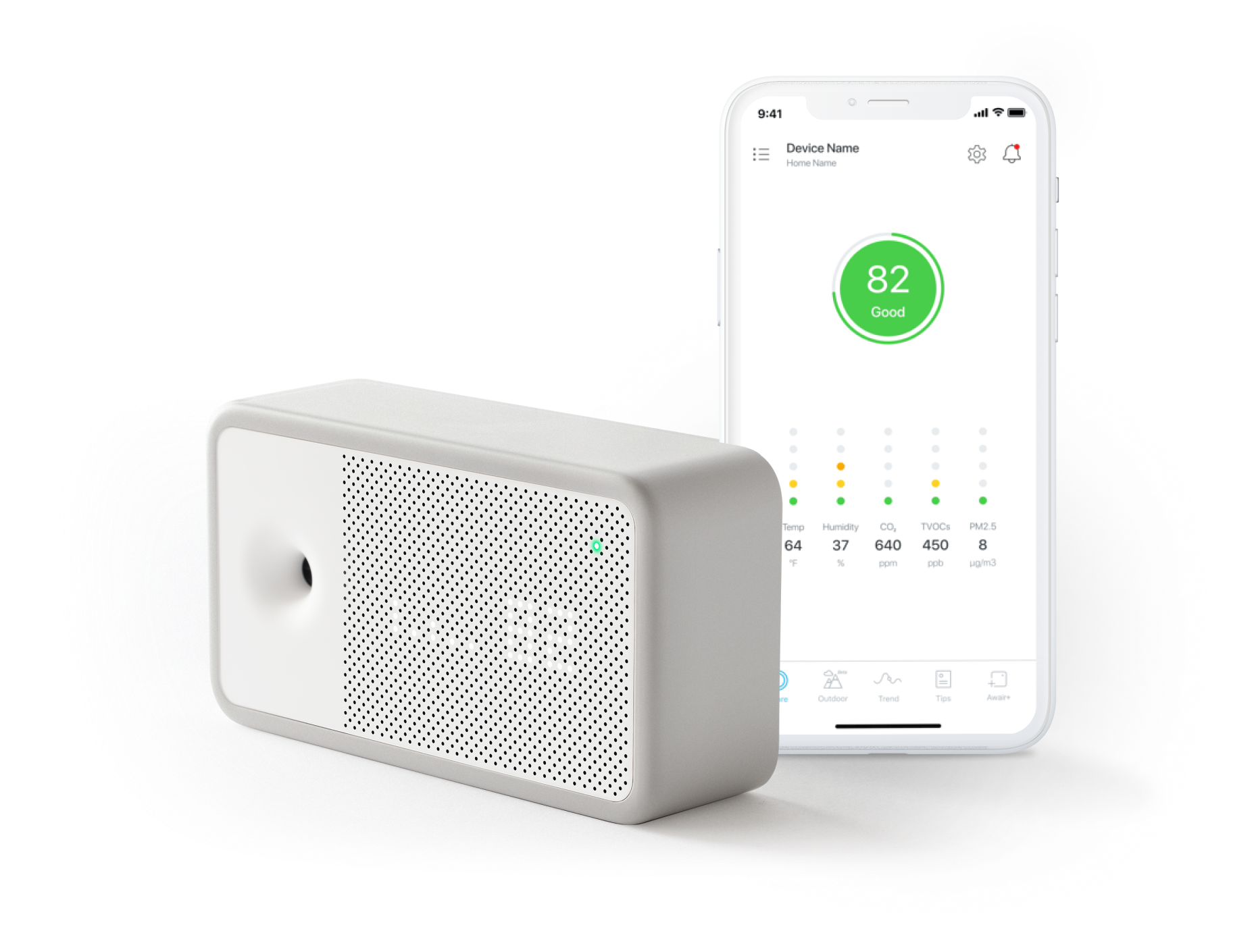 Awair Element indoor air quality monitor device and mobile app showing an 82 Good score, temperature, humidity, CO2, TVOCs, PM2.5 data.