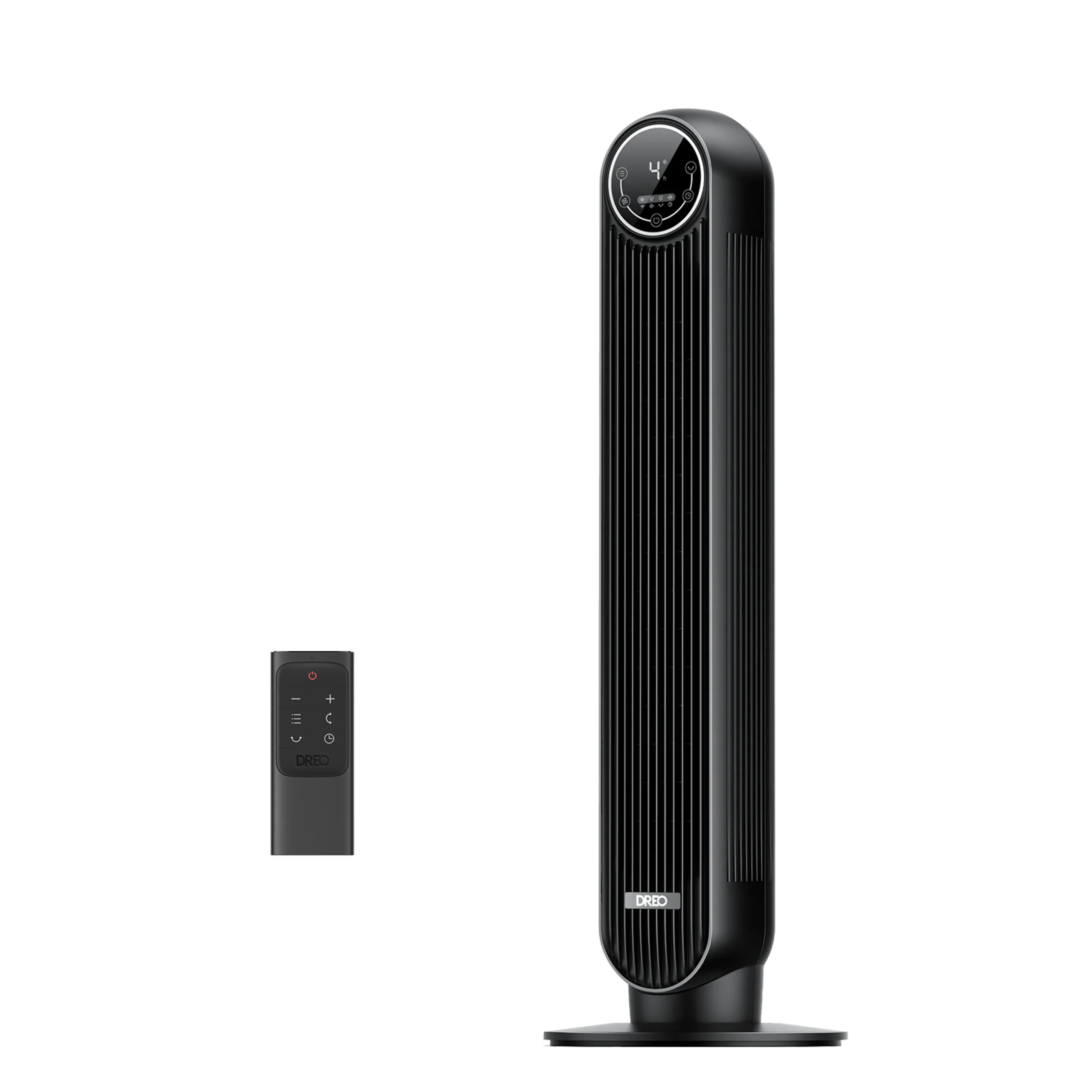 Sleek black Dreo Nomad One S tower fan with digital display showing 4h and matching remote control.