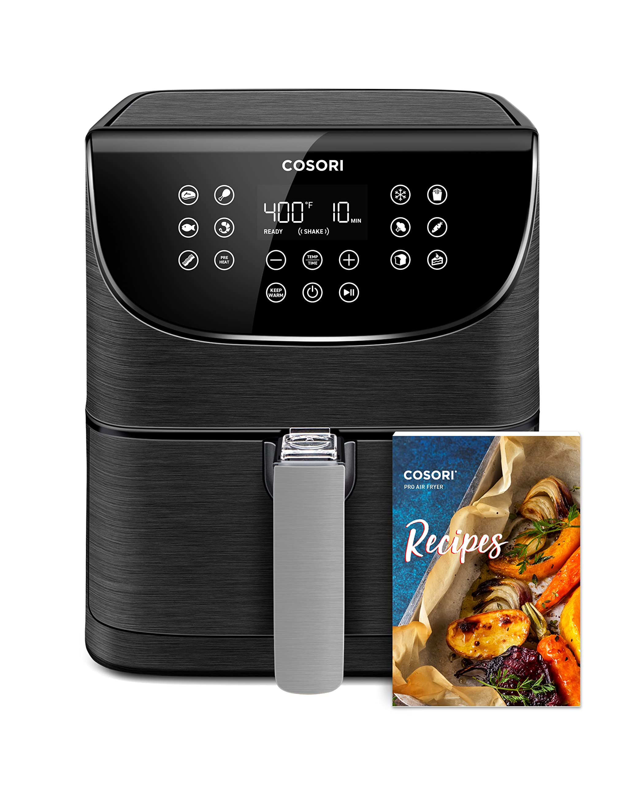 Black Cosori Smart 5.8-Quart Air Fryer with digital display showing 400°F and 10 min, next to a recipe book.