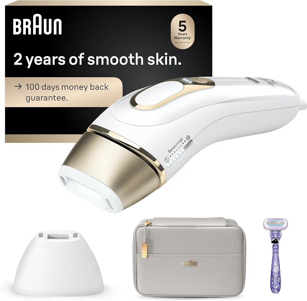 Braun Silk-expert Pro 5 IPL device with SensoAdapt, stand, grey travel case, and purple Gillette Venus razor.