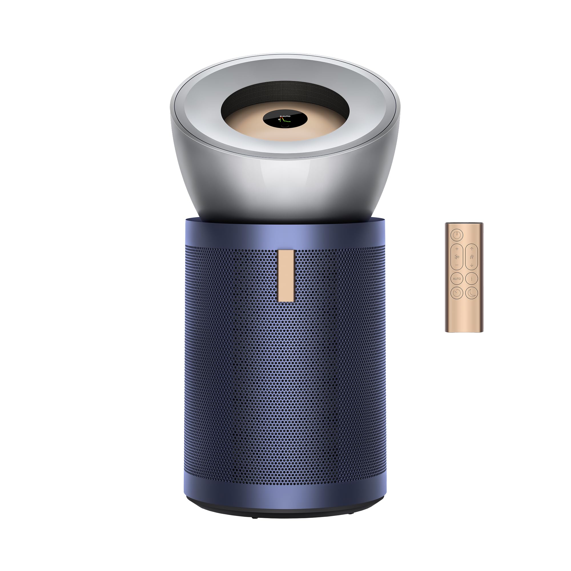 Dyson Purifier Big+Quiet Formaldehyde BP03 air purifier in indigo/gold with remote, designed for large rooms.
