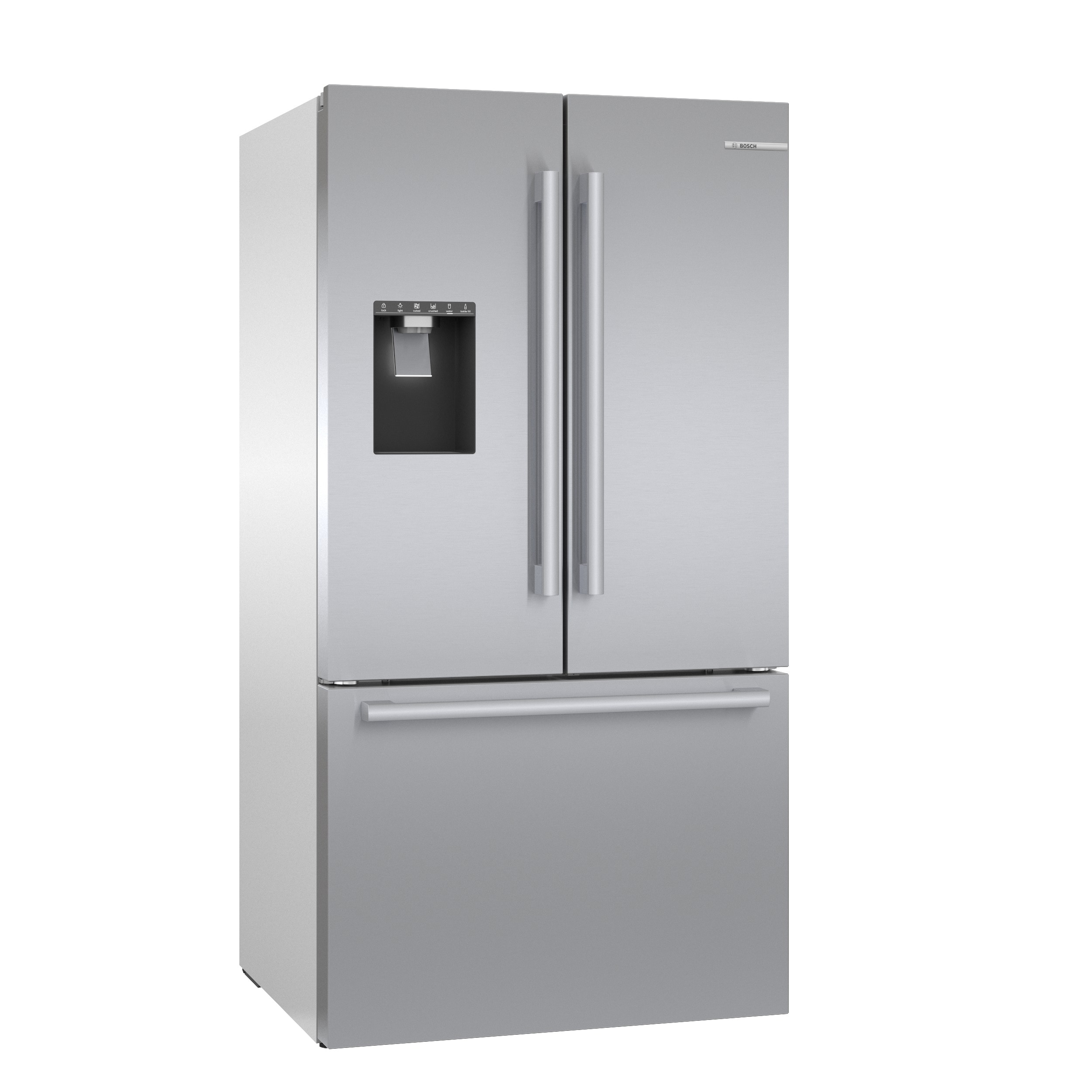 Bosch 500 Series stainless steel French door smart refrigerator with external ice and water dispenser.