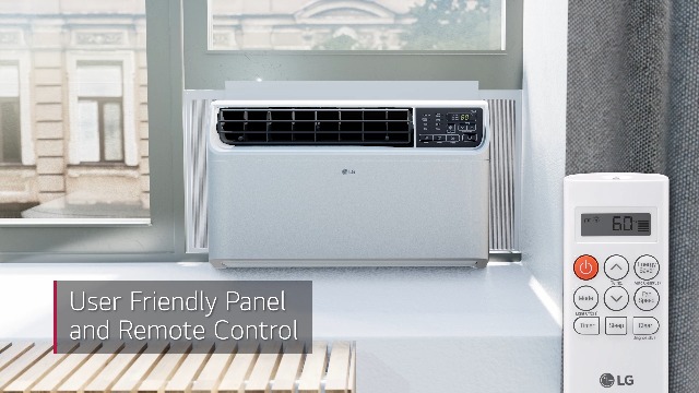 LG DUAL Inverter Window Smart AC unit with its user-friendly control panel and remote control displaying 60 degrees.